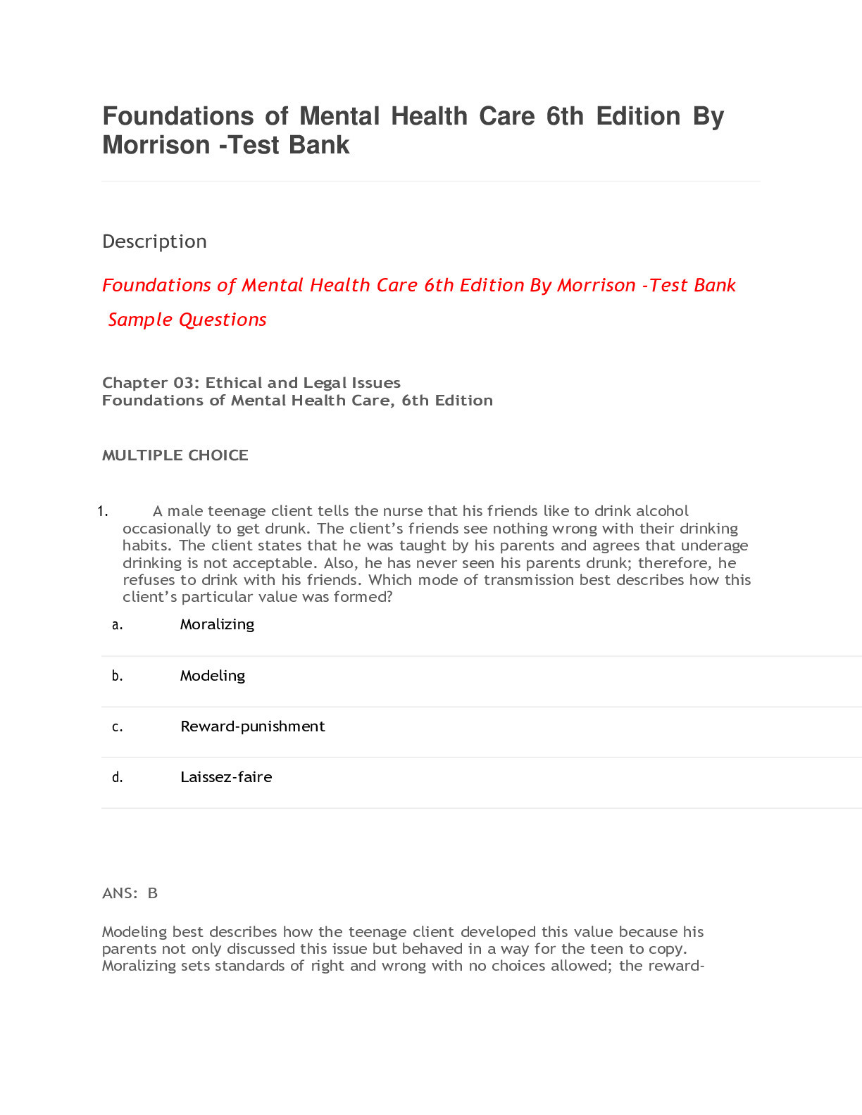 Foundations of Mental Health Care 6th Edition By Morrison -Test Bank