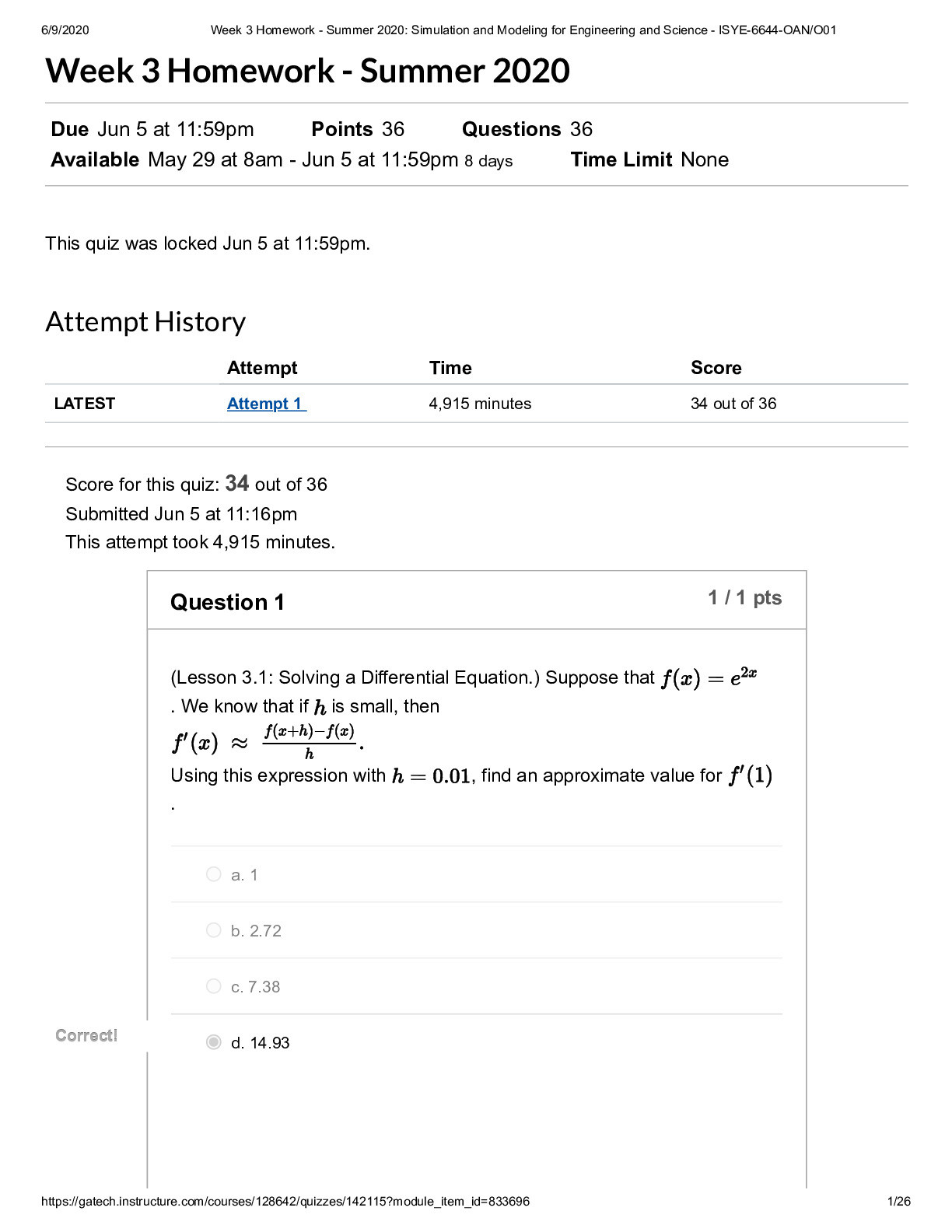 Week 3 Homework - Summer 2020 : Simulation and Modeling for Engineering and Science - ISYE-6644-OAN/O01