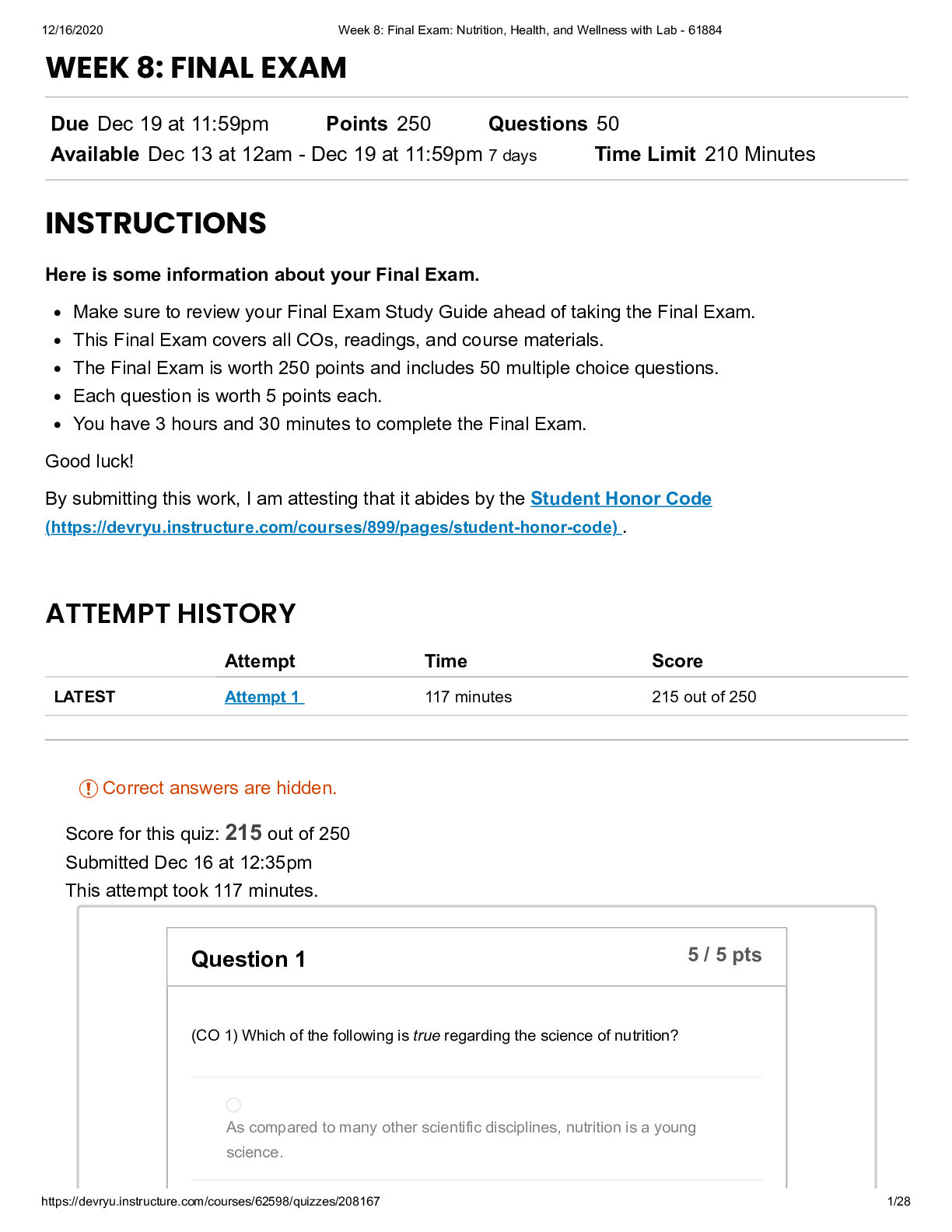 Week 8: Final Exam: Nutrition, Health, and Wellness with Lab - 61884